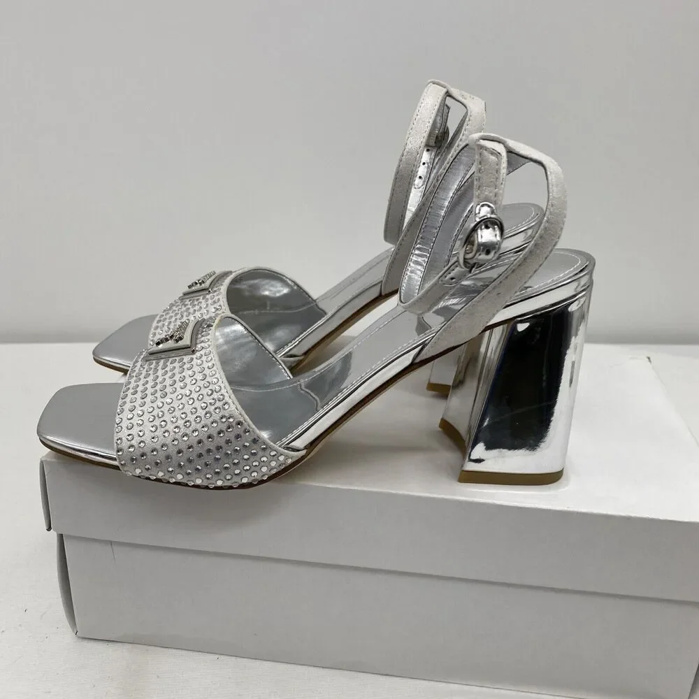 Guess Womens Gelya Silver Ankle Strap Dressy Heels 6 Medium (B,M)